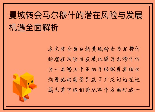 曼城转会马尔穆什的潜在风险与发展机遇全面解析